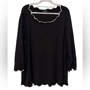 Roz & Ali Lightweight Scalloped Pullover‎ Sweater Black With White Trim 3X